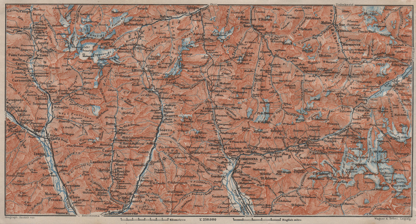 LUKMANIER to MALOJA.Sils Maria Bivio Madesimo Chiavenna San Bernardino 1911 map